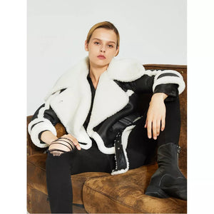 Women’s Black Leather White Shearling Big Collar Coat