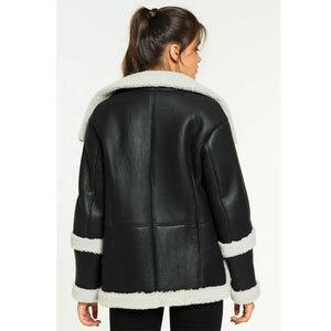 Women’s Black Leather White Shearling Big Fur Collar Coat