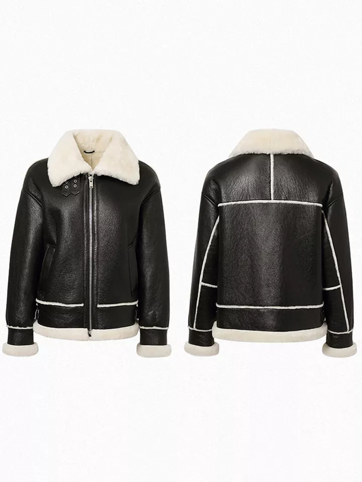 Women’s Black Leather White Shearling Collar Fur Jacket