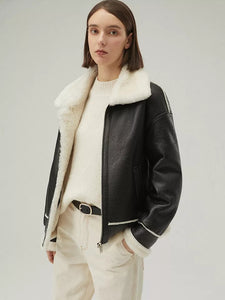 Women’s Black Leather White Shearling Collar Fur Jacket