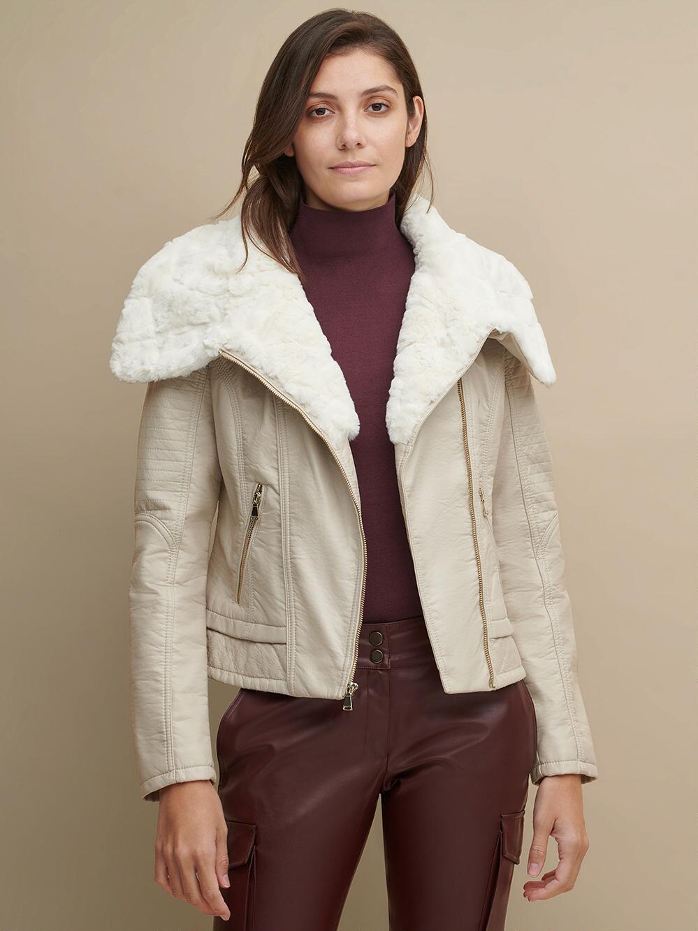 Women’s Cream Beige Leather White Shearling Big Collared Jacket