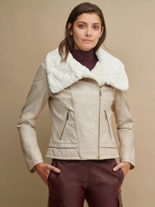 Women’s Cream Beige Leather White Shearling Big Collared Jacket