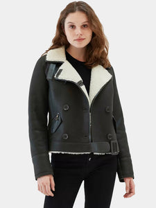 Women’s Matte Black Leather Shearling Coat Aviator Jacket