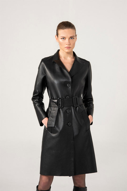 Women’s Black Sheepskin Leather Trench Coat Button Downed - Fashion Leather Jackets USA - 3AMOTO