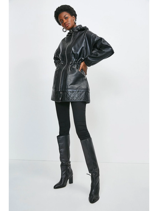 Women’s Black Sheepskin Leather Hooded Coat - Fashion Leather Jackets USA - 3AMOTO