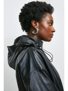 Women’s Black Sheepskin Leather Hooded Coat