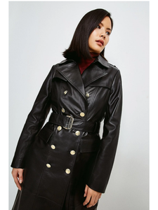 Women’s Black Sheepskin Leather Trench Coat Golden Buttons