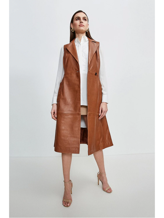 Women’s Sleeveless Tan Brown Sheepskin Leather Trench Coat - Fashion Leather Jackets USA - 3AMOTO