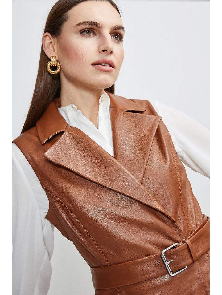 Women’s Sleeveless Tan Brown Sheepskin Leather Trench