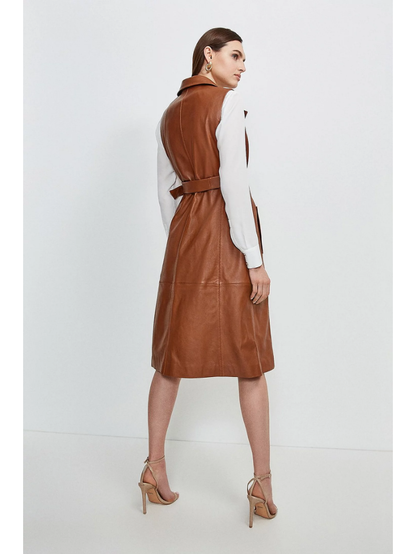 Women’s Sleeveless Tan Brown Sheepskin Leather Trench