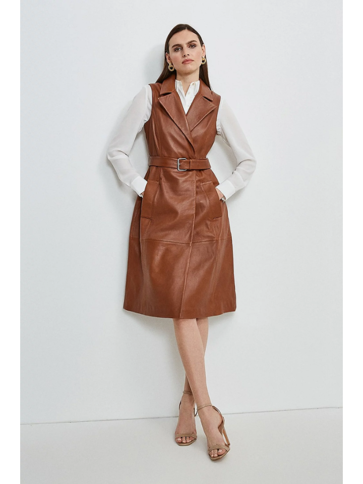 Women's Sleeveless Tan Brown Sheepskin Trench Coat | 3amoto Women's Sleeveless Tan Brown Sheepskin Trench Coat | 3amoto