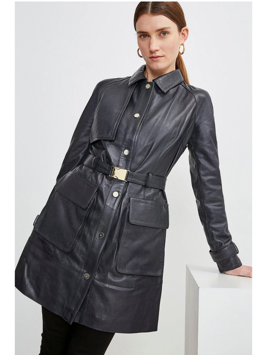 Women’s Black Sheepskin Leather Perforated Trucker Coat - Fashion Leather Jackets USA - 3AMOTO