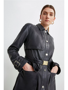 Women’s Black Sheepskin Leather Perforated Trucker Coat