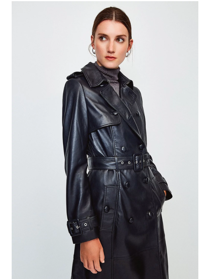Women's Black Sheepskin Leather Trench Coat With Belt Women's Black Sheepskin Leather Trench Coat With Belt