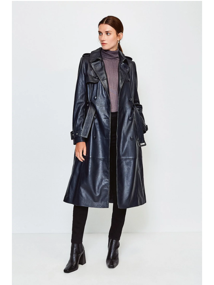 Women's Black Sheepskin Leather Trench Coat With Belt Women's Black Sheepskin Leather Trench Coat With Belt