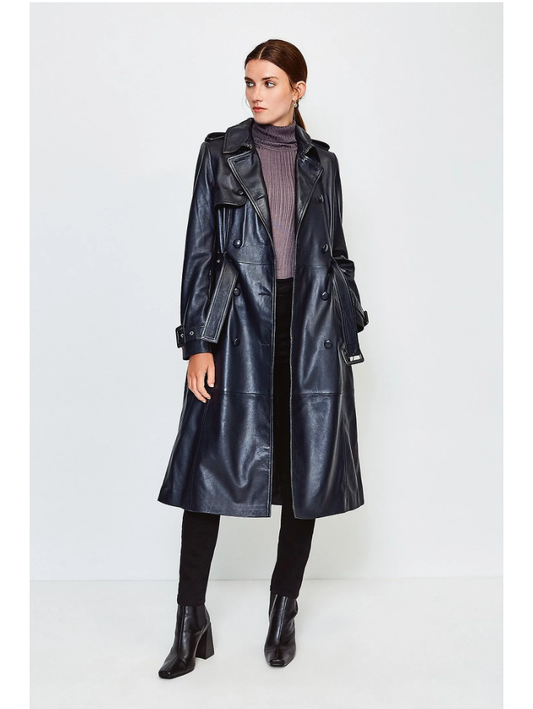 Women’s Black Sheepskin Leather Trench Coat With Belt - Fashion Leather Jackets USA - 3AMOTO
