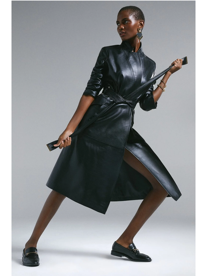 Women's Black Sheepskin Genuine Leather Trench Coat With Belt Women's Black Sheepskin Genuine Leather Trench Coat With Belt