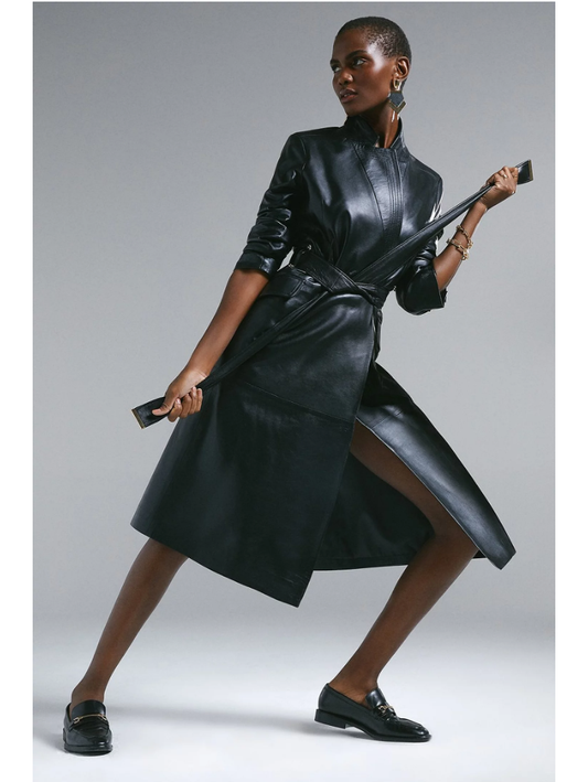 Women’s Black Sheepskin Genuine Leather Trench Coat With Belt - Fashion Leather Jackets USA - 3AMOTO