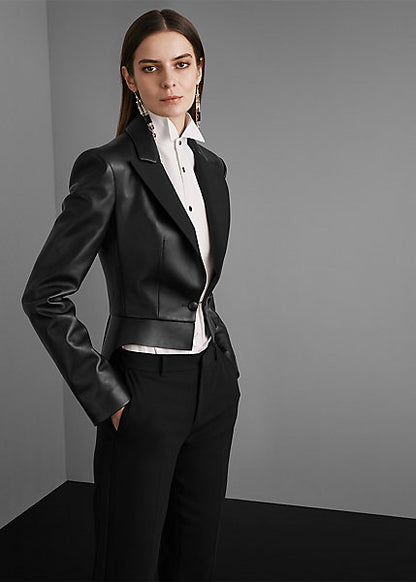 Women’s Black Sheepskin Leather Tuxedo Blazer