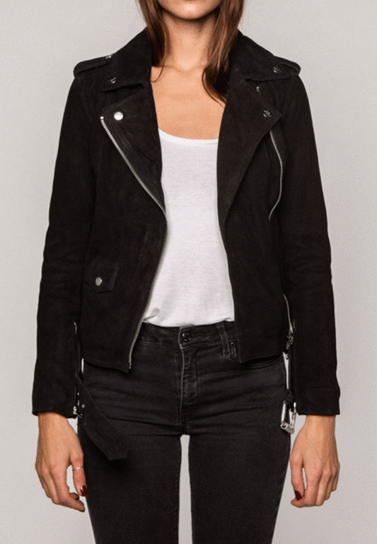 Women’s Black Suede Biker Leather Jacket - Fashion Leather Jackets USA - 3AMOTO