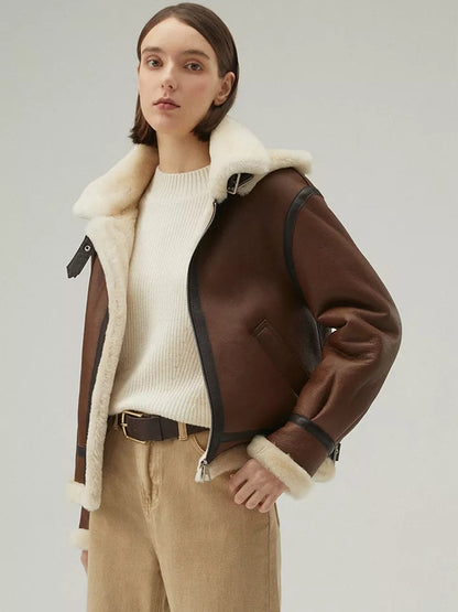 Women’s Chocolate Brown Leather Shearling Jacket With Removable Hood