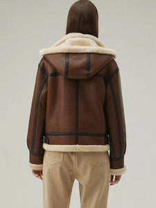 Women’s Chocolate Brown Leather Shearling Jacket With Removable Hood