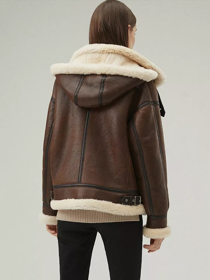 Women’s Chocolate Brown Leather Shearling Removable Hood Coat