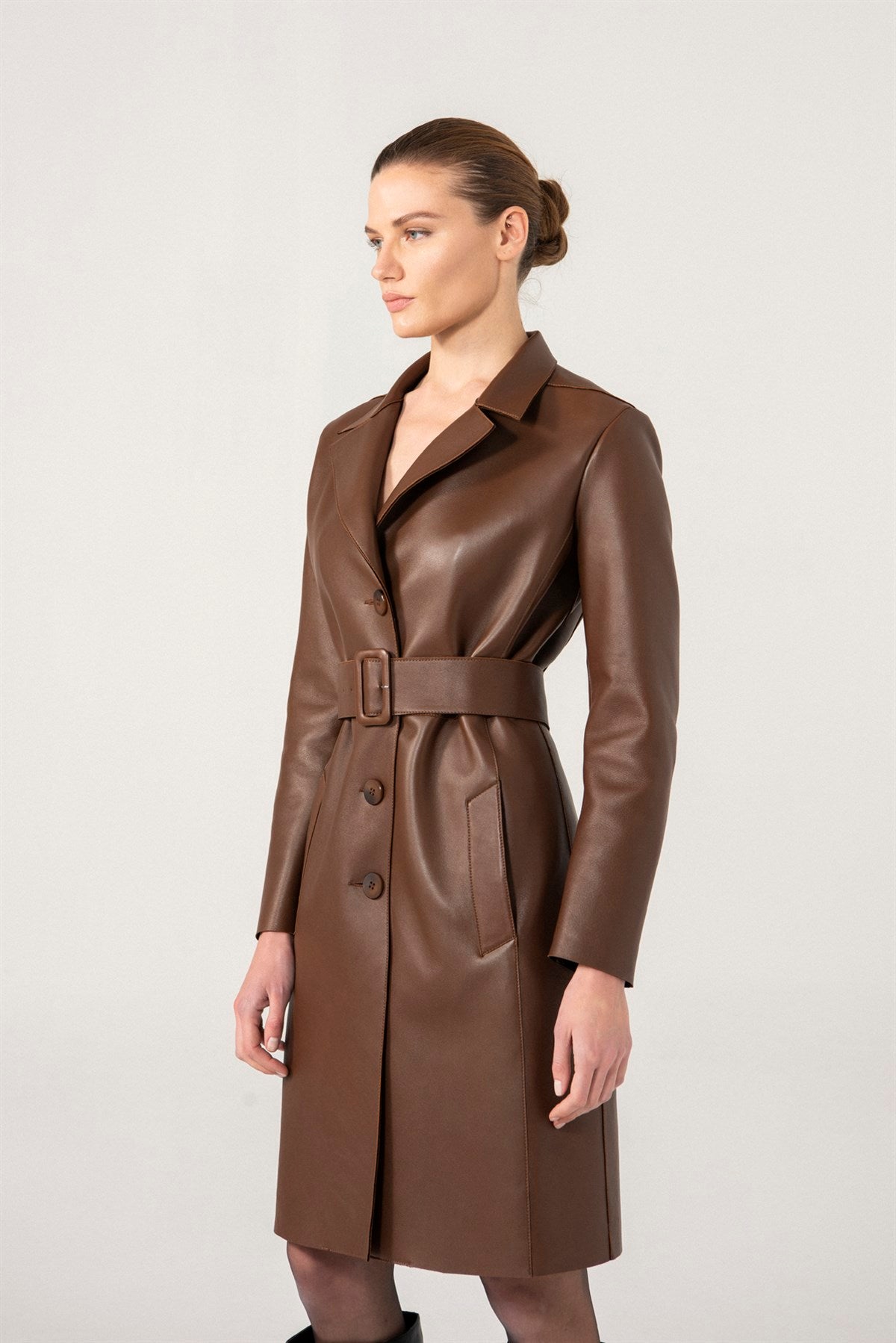 Women's Chocolate Brown Sheepskin Leather Trench Coat