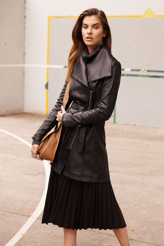 Women’s Black Sheepskin Leather Trench Coat - Fashion Leather Jackets USA - 3AMOTO