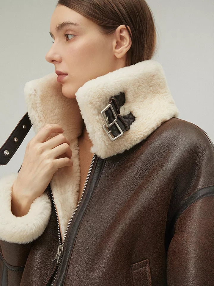 Women's Dark Brown Leather Shearling Coat Jacket