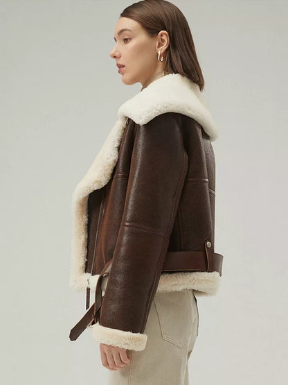 Women’s Dark Brown Leather Shearling Coat Aviator Jacket