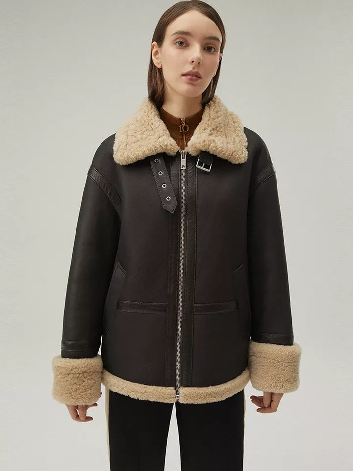 Women’s Matte Black Leather Shearling Big Collar Fur Coat