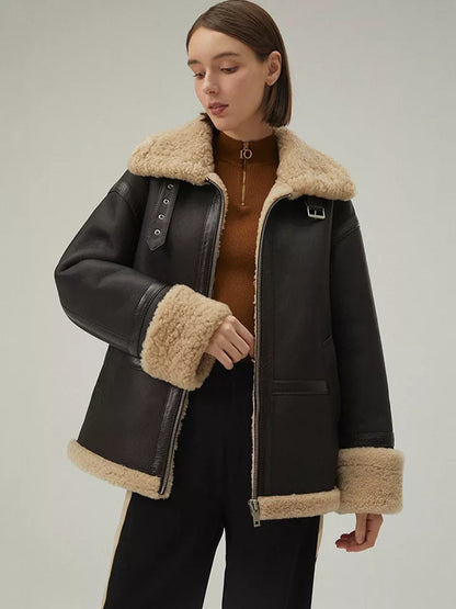 Women's Matte Black Leather Shearling Big Collar Fur Coat