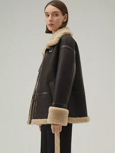 Women’s Matte Black Leather Shearling Big Collar Fur Coat