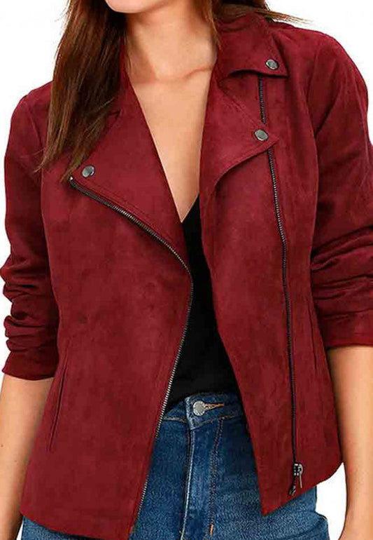 Women’s Red Suede Leather Biker Jacket - 3amoto shop