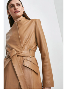 Women’s Tan Beige Sheepskin Leather Trench Coat With Belt