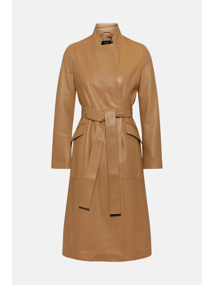 Women’s Tan Beige Sheepskin Leather Trench Coat With Belt