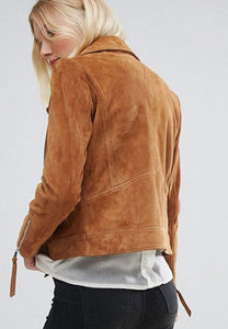 Women’s Tan Brown Genuine Suede Leather Biker Jacket