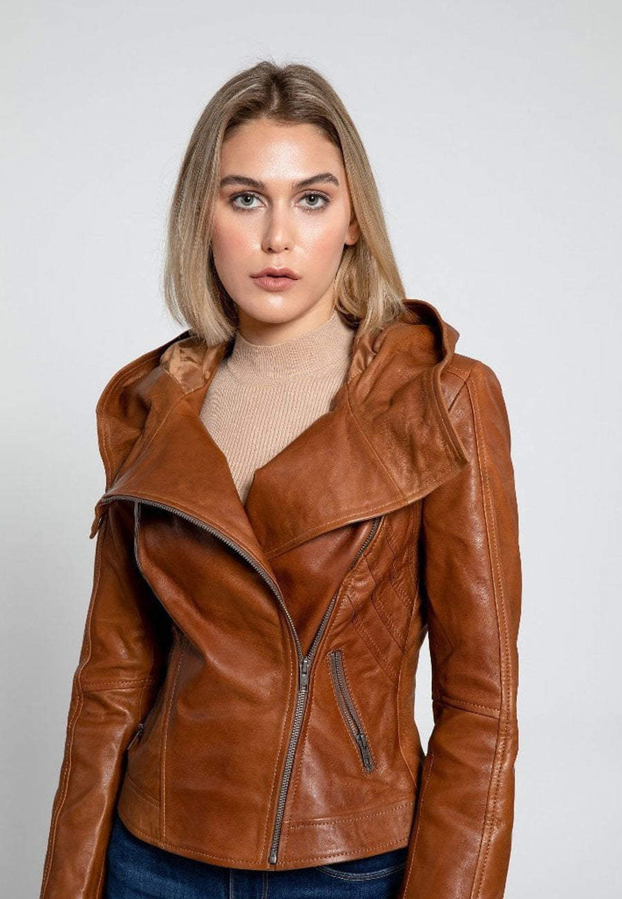 Women’s Tan Brown Leather Hooded Biker Jacket