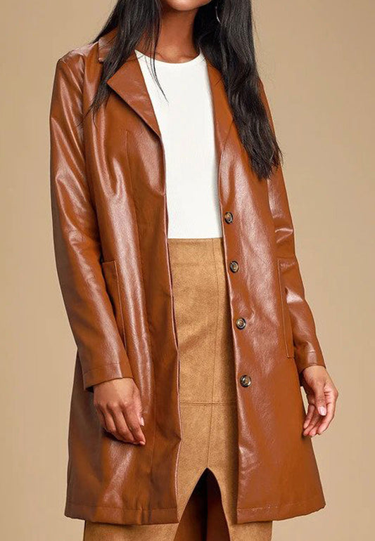 Women’s Tan Brown Leather Trench Coat - Fashion Leather Jackets USA - 3AMOTO