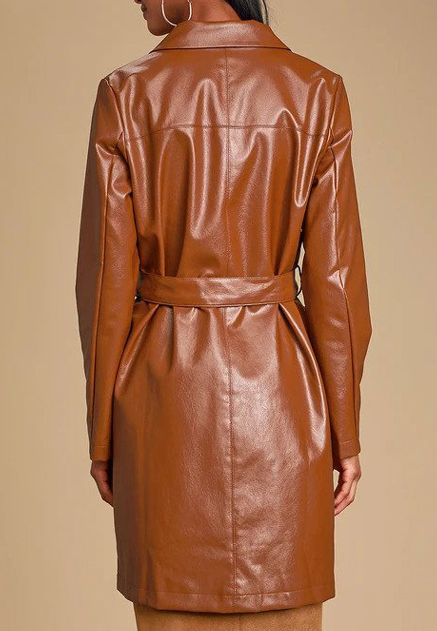 Women's Tan Brown Leather Trench Coat | 3amoto