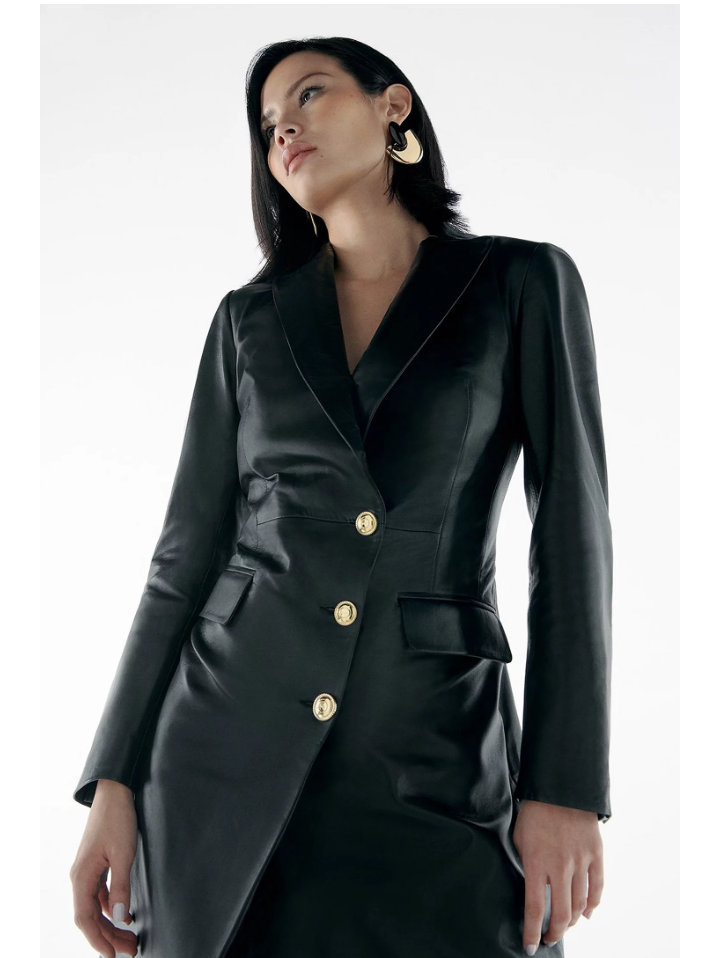 Women’s Trendy Black Sheepskin Leather Coat Golden Buttons