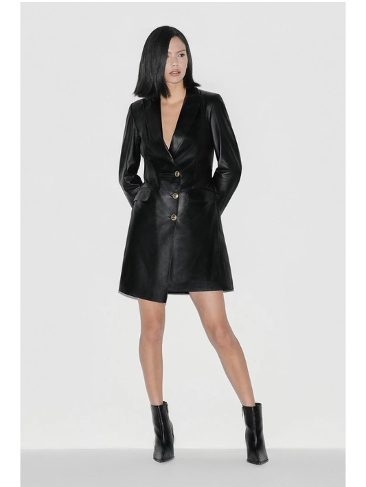 Women’s Trendy Black Sheepskin Leather Coat Golden Buttons - Fashion Leather Jackets USA - 3AMOTO