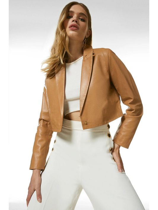 Women’s Tan Beige Sheepskin Leather Blazer Cropped Short Fit - Fashion Leather Jackets USA - 3AMOTO