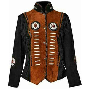 Womens American Native Beaded Style Suede Leather Jacket with Fringed