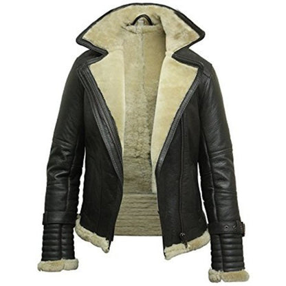 Women's Aviator Sheepskin Shearling Bomber Fur Jacket