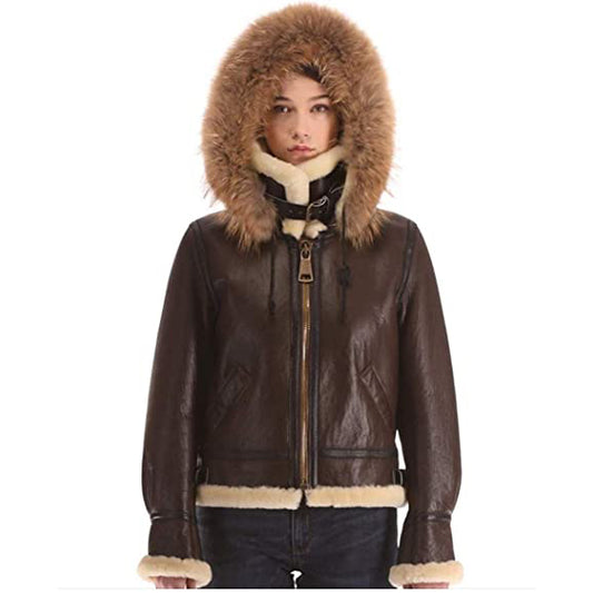 Women's B3 Real Shearling Sheepskin Fur Bomber Leather Flying Aviator Jacket - Fashion Leather Jackets USA - 3AMOTO