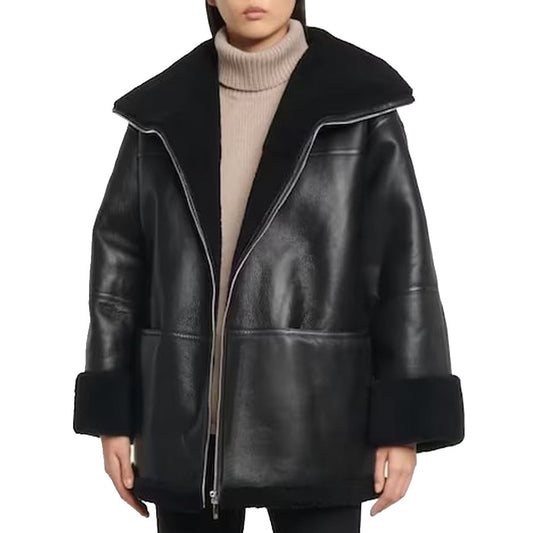 Womens Black B3 Bomber Real Sheepskin Leather Coat with Hooded - Fashion Leather Jackets USA - 3AMOTO