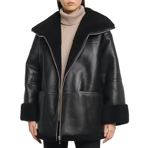 Womens Black B3 Bomber Real Sheepskin Leather Coat with Hooded