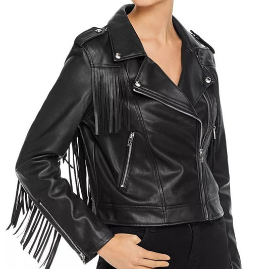 Women's Black 100% Genuine Lambskin Leather Fringed Jacket - Fashion Leather Jackets USA - 3AMOTO